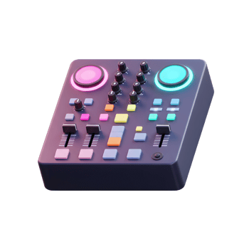 This 3D render shows a DJ mixer featuring various knobs, buttons, and sliders, typically used to control audio and create music. png