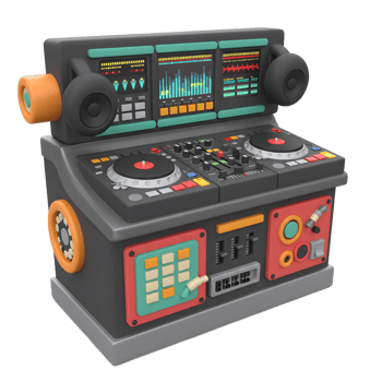 This is a 3D render of a cartoon DJ mixer with turntable, controls, headphone, and equalizer screen, ideal for creating stylized media content. png