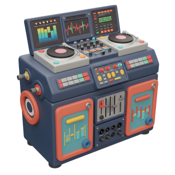 A cartoon-style DJ mixer features turntables, displays, knobs, and sliders for creating fun music mixes. png