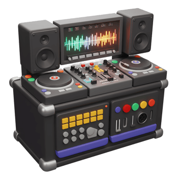 This is a 3D rendering of a DJ equipment setup with a mixer, turntable, speaker, and a display screen, likely for music creation or entertainment. png