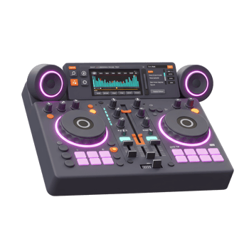 A digital DJ mixer with two speakers and glowing pink lights is used for creating music. png