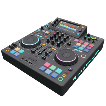 An electronic black DJ controller with colorful buttons, lights, knobs, and screen is used for mixing music. png