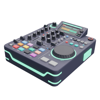 An audio mixer with screen, multiple buttons, knobs and faders is shown for mixing music. png