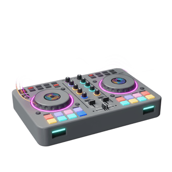 Gray DJ controller with buttons, knobs, sliders and sound waves for creating music. png