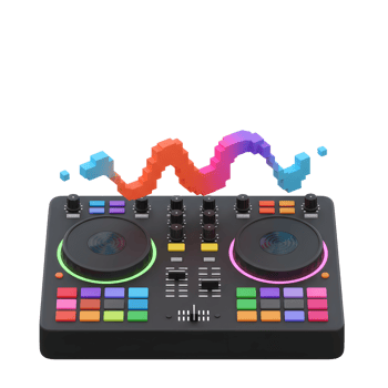 A black dj mixer with various buttons and knobs has a pixelated wave hovering above it, suggesting use for music mixing or creating sound effects. png