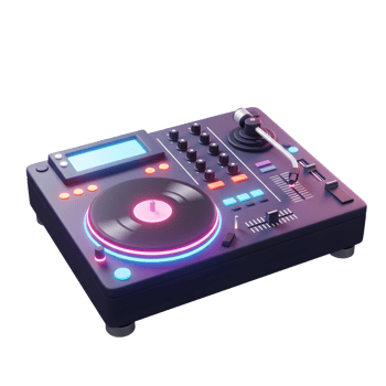 A sleek, black DJ mixer glows with neon lights, complete with a screen, knobs, and vinyl record, showcasing modern music production. png