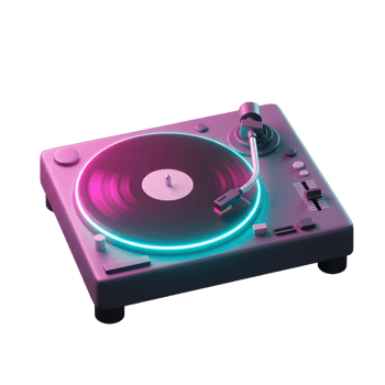 A turntable features a vinyl record bathed in neon lights, giving off a modern and vibrant feel which can be used for a variety of media projects. png