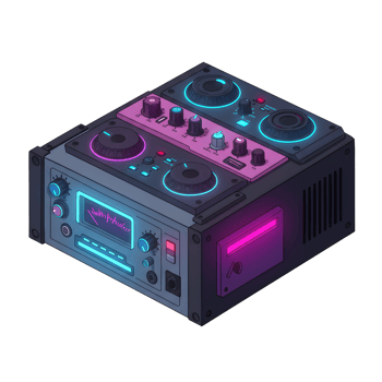 Neon lit DJ mixer features various knobs, buttons and a display screen used for music mixing. png