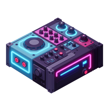 Isometric synthesizer featuring a variety of knobs, buttons, and neon lights with a retro-futuristic aesthetic, perfect for music production. png