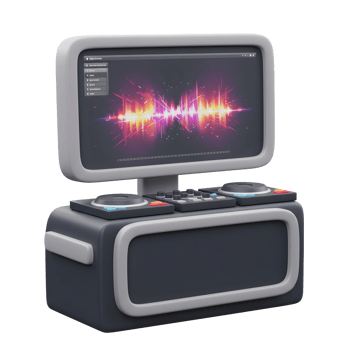 A stylized music production workstation displays a colorful digital audio waveform on its screen, suitable for mixing and editing sound. png