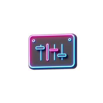 A neon equalizer board features glowing blue and pink sliders, presenting a modern and vibrant design for audio or visual projects. png