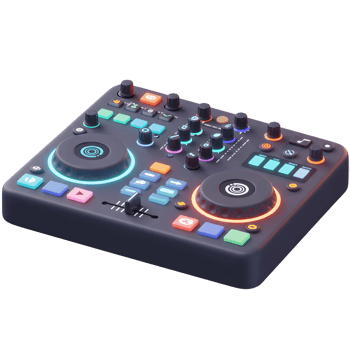 This DJ controller features multiple knobs, pads, and faders, allowing for precise manipulation of audio signals and the creation of unique soundscapes for music performance. png