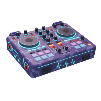 A purple and blue DJ controller is shown with knobs, buttons, and turntables to create music production. png