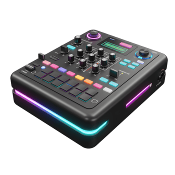 This black audio mixer features multiple colorful buttons, knobs, and glowing accents, making it suitable for music production and live performance. png