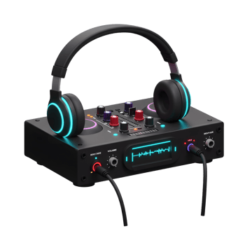 Black headphones rest on top of a black mixing console with various knobs and cables plugged in, showcasing modern audio equipment for music creation. png