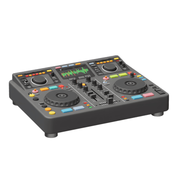 This grey DJ controller features knobs, sliders, buttons, and a screen to assist with creating music. png