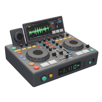 A grey dj controller with multiple buttons and a speaker displays an audio waveform on its screen for music production. png