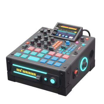 This is a sound mixer featuring multiple buttons, knobs, and a screen, which could be used for music production or audio mixing. png