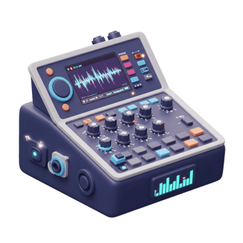 This cartoon-style sound mixer has numerous knobs and buttons for audio control with an illuminated screen, often used in professional recording studios. png