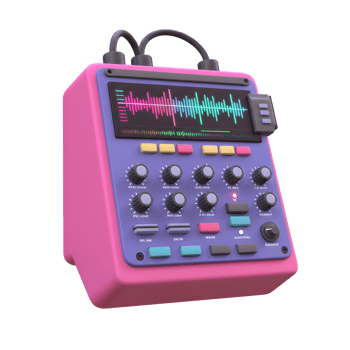 This colorful sound mixer features multiple knobs, buttons, and an audio display, ideal for music production or podcasting. png