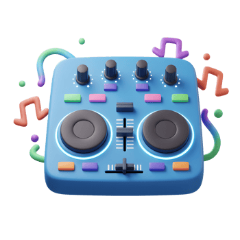A blue DJ mixer with knobs, faders, and music notes surrounding it creates a fun atmosphere for music production. png