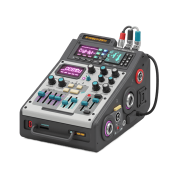A sound mixer with screens, knobs, and sliders shown on a white background, suitable for audio editing and mixing. png