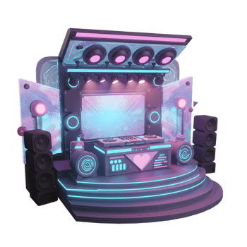 A neon-lit stage features a DJ turntable, speakers, and colorful screens, perfect for showcasing music and entertainment. png