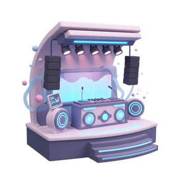 A stylized cartoon stage with a DJ setup, including a mixer, speakers, and lights, suitable for entertainment events. png