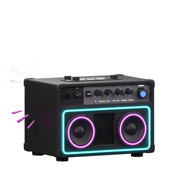 A black speaker with neon lights around two visible speakers emits sound waves, likely used for music or audio amplification. png