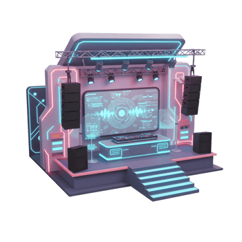 A futuristic stage setup with a large monitor, speakers, neon accents, and dj controller creates a vibrant and high-tech environment for performance and entertainment. png