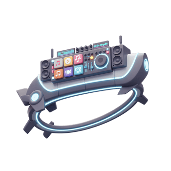 Futuristic DJ mixer console with square app icon set makes creating and enjoying music a fun, engaging experience. png