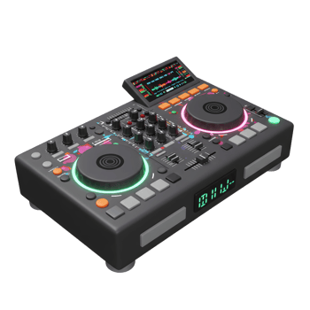 A gray DJ mixer features a screen, knobs, buttons, sliders, and illuminated turntables, making it ideal for creating and manipulating audio for live performances or studio recordings. png