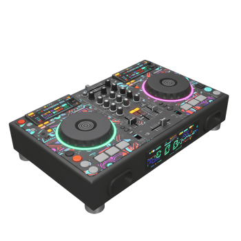 A black DJ controller with colorful details is displayed, showing its capacity to create music. png
