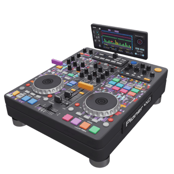 A black DJ mixer features two turntables, multiple buttons and knobs, and a screen displaying audio wave forms for mixing music. png