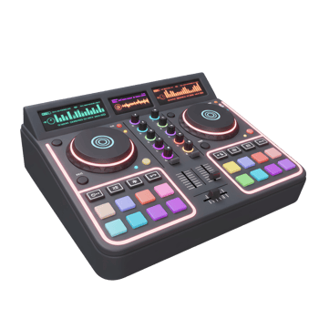 A black DJ controller features colorful buttons, displays, knobs, and sliders, often used for mixing and producing music. png