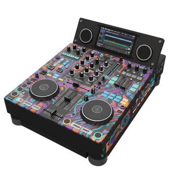 This black DJ controller features a colorful patterned design, a screen with waveform displays, and jog wheels for mixing music, offering a professional setup for DJs. png