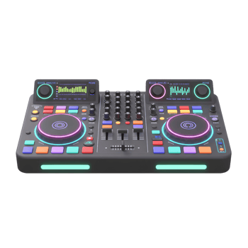 A black DJ controller with glowing elements, knobs, and sliders is used for music production. png