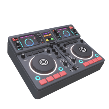 A gray DJ controller features multiple knobs, buttons, screens, and faders, designed for mixing and manipulating audio. png