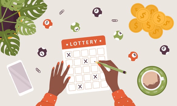 Lottery game. African female hand drawing crosses on ticket with pen. People are gambling. Top view with balls and coins. Girl wants to win cash prize. illustration in flat cartoon style vector