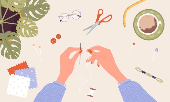 Female hands insert thread into needle. Woman create outfit. Top view. Needlework and hobbies. Handmade clothes. Fashion designer or dressmaker. illustration in flat cartoon style vector