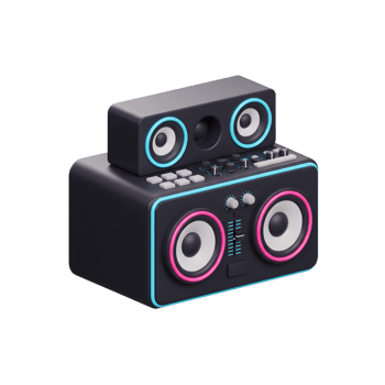 A black stereo speaker system with pink and blue accents, stacked with a smaller speaker on top, can be used for listening to music. png