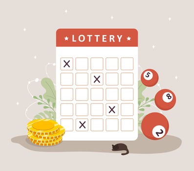 Lottery ticket with gold coins and balls. Gambling game. Hobby and leisure concept. illustration in flat cartoon style vector