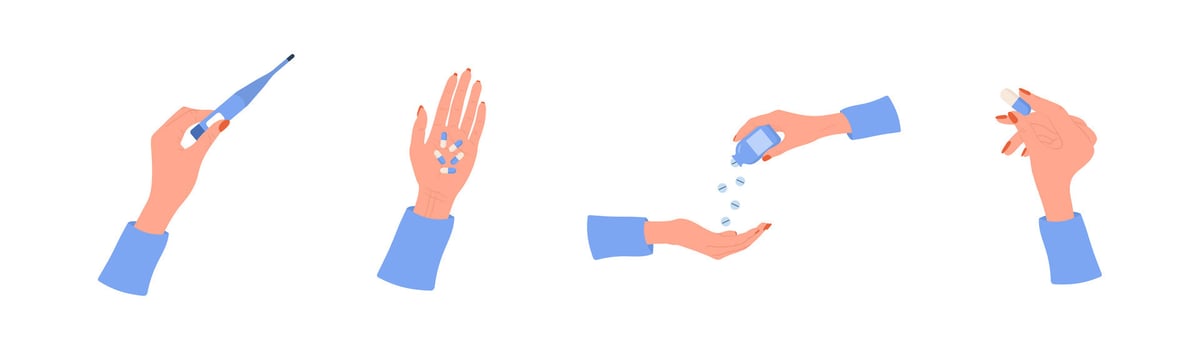 Female hand holding pills. Healthcare and medicine concept. Woman drinks vitamin complex and minerals. illustration in flat style. Medication and pharmaceutical drug vector