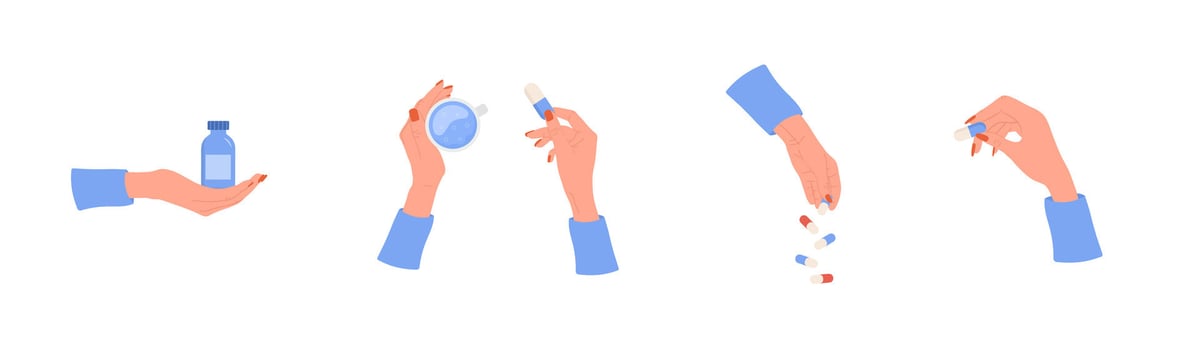 Set of female hands holding pills. Cold and flu treatment. Women drinking vitamin complex and minerals. illustration in flat cartoon style vector