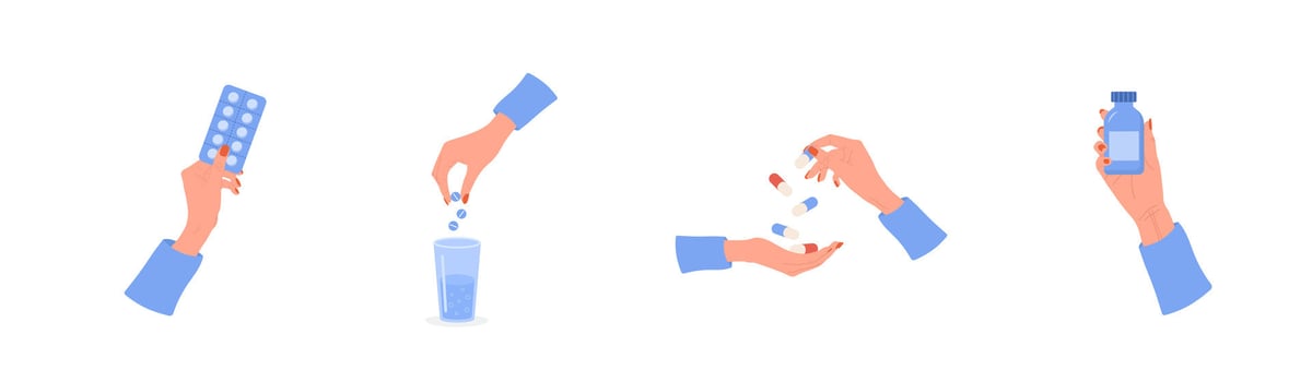 Set of female hands holding pills. Healthcare concept. Cold and flu treatment. Women drinking vitamin complex. illustration in flat cartoon style vector