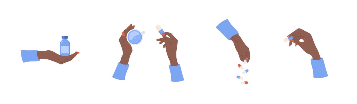 Set of african hands with pills. Healthcare concept. Cold and flu treatment. Women drinking vitamin complex and minerals. illustration in flat cartoon style vector
