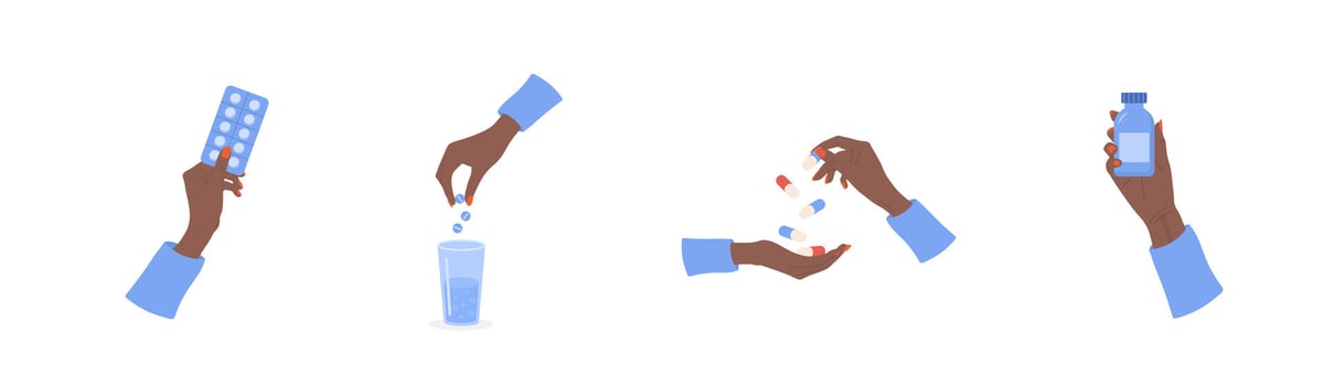 Set of female hands with pills. Healthcare concept. Cold and flu treatment. Women drinking vitamin complex and minerals. illustration in flat cartoon style vector