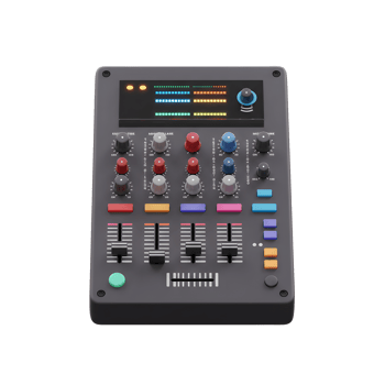 A black audio mixer features colorful knobs, faders, and level meters for adjusting sound, often used in music production and live performances. png