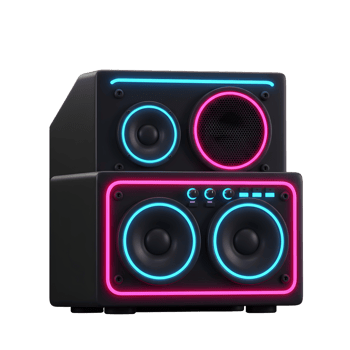 Two black speakers are stacked with neon accents in blue and pink, often used for playing music. png