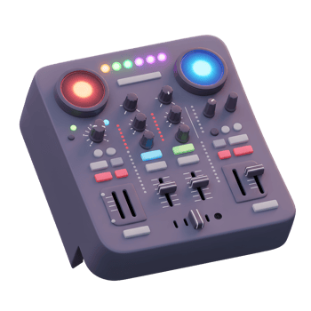 This is a 3D rendering of a DJ mixer with glowing lights, buttons, knobs, and faders, commonly used for mixing music and creating sound effects. png